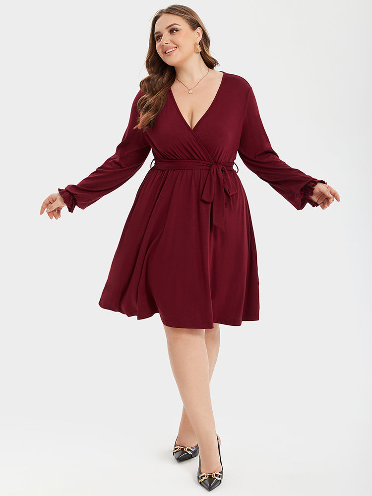 V-Neck Flounce Sleeve Belted Ruched Midi Dress