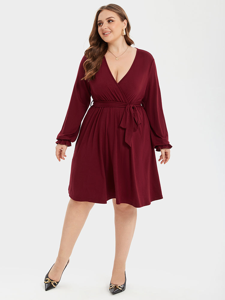V-Neck Flounce Sleeve Belted Ruched Midi Dress