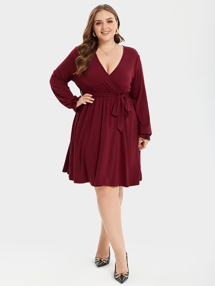 V-Neck Flounce Sleeve Belted Ruched Midi Dress