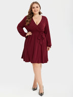 V-Neck Flounce Sleeve Belted Ruched Midi Dress