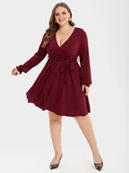 V-Neck Flounce Sleeve Belted Ruched Midi Dress