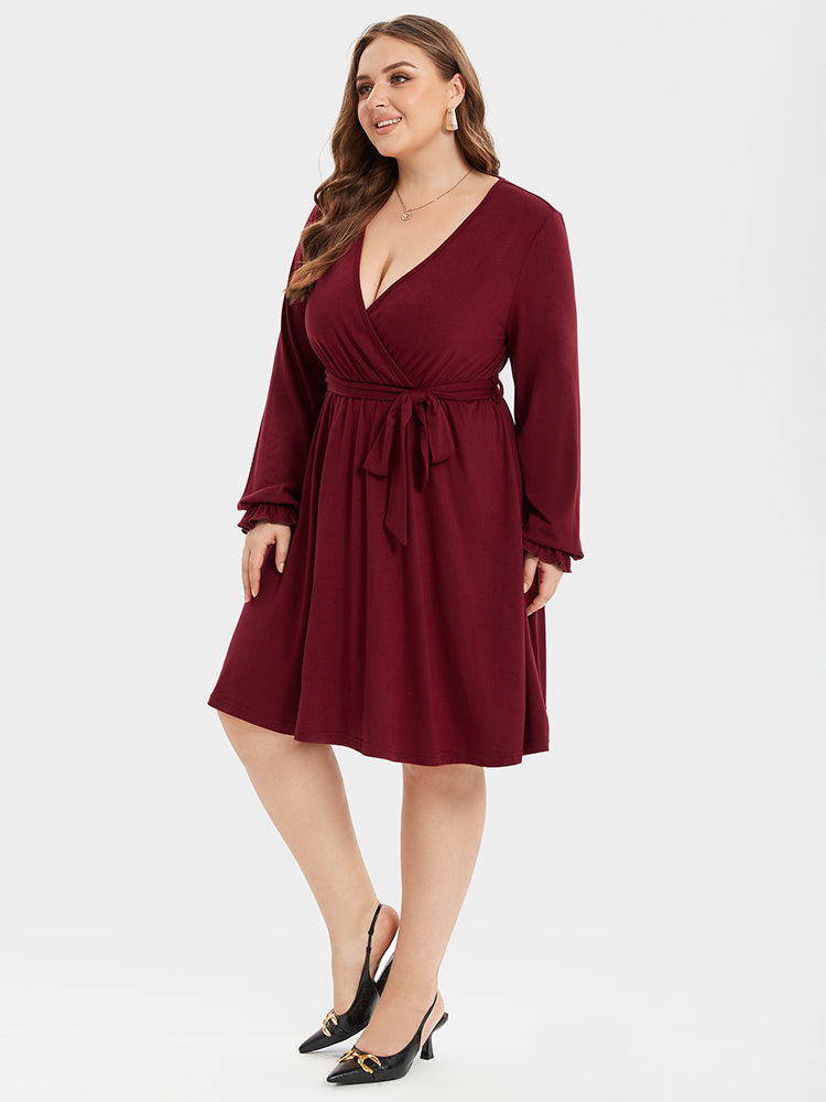 V-Neck Flounce Sleeve Belted Ruched Midi Dress