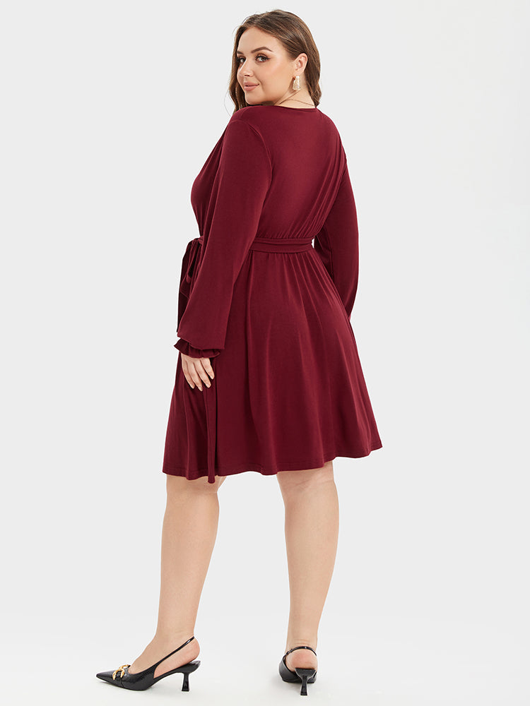 V-Neck Flounce Sleeve Belted Ruched Midi Dress