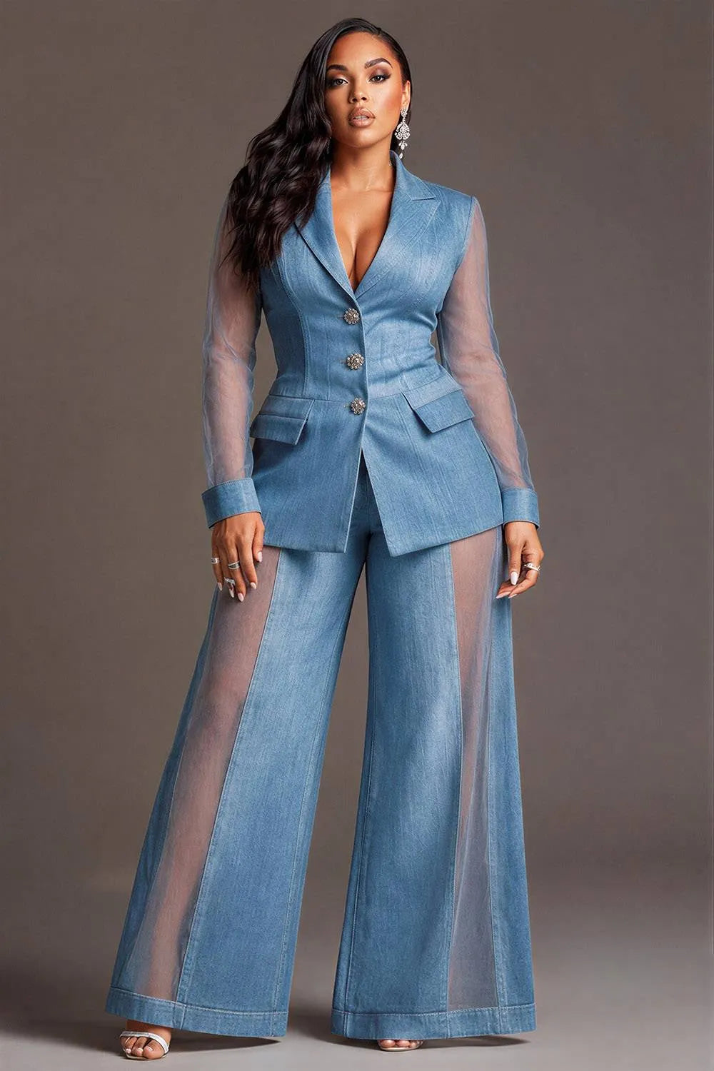 Xpluswear Design Plus Size Formal Organza Blue Lapel Collar Long Sleeve See Through Contrast Denim Two Piece Pant Suits [Pre-Order]
