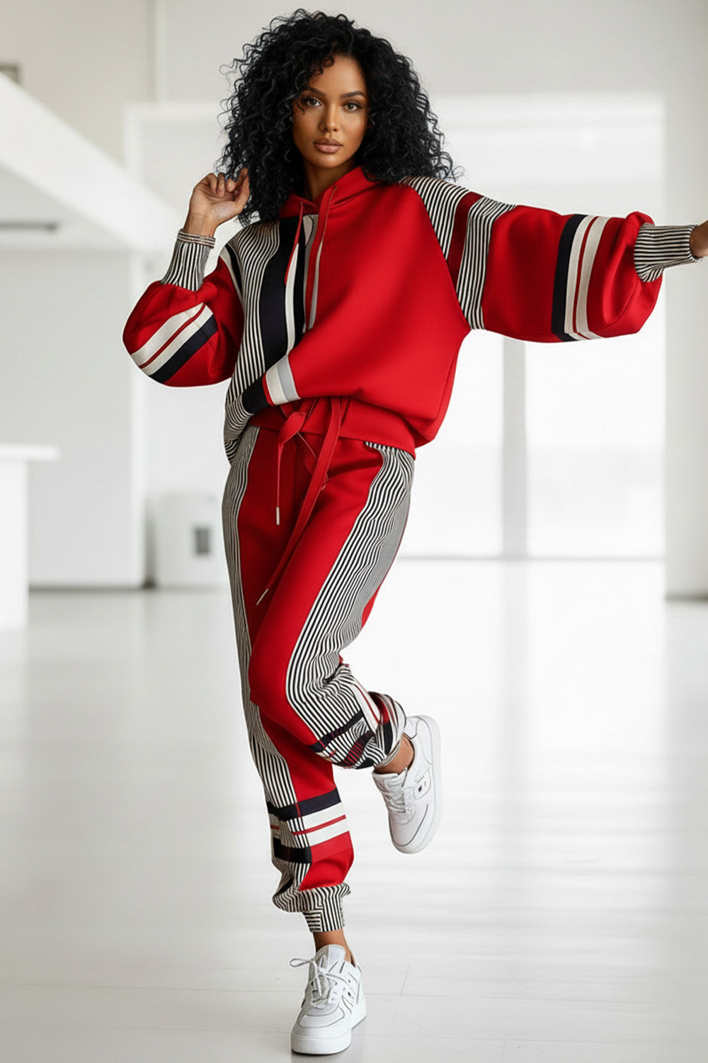 Plus Size Daily Red Striped Hooded Long Sleeve Ruched Casual Sweatshirts