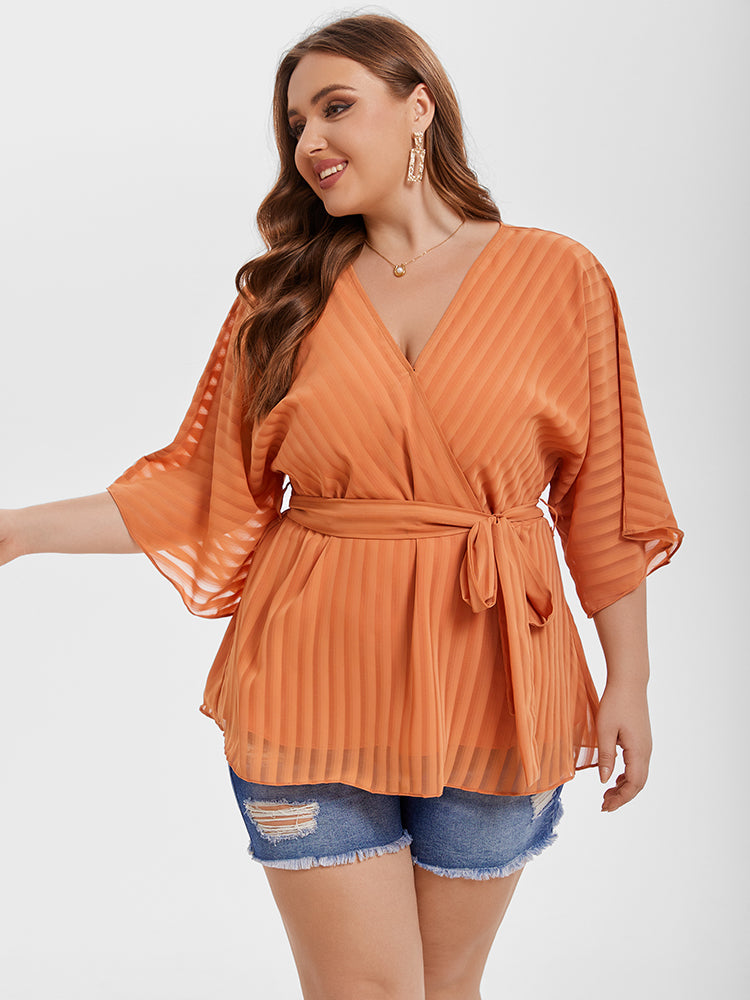 VIP Contrast Mesh V-Neck Batwing Sleeve Belted Blouse