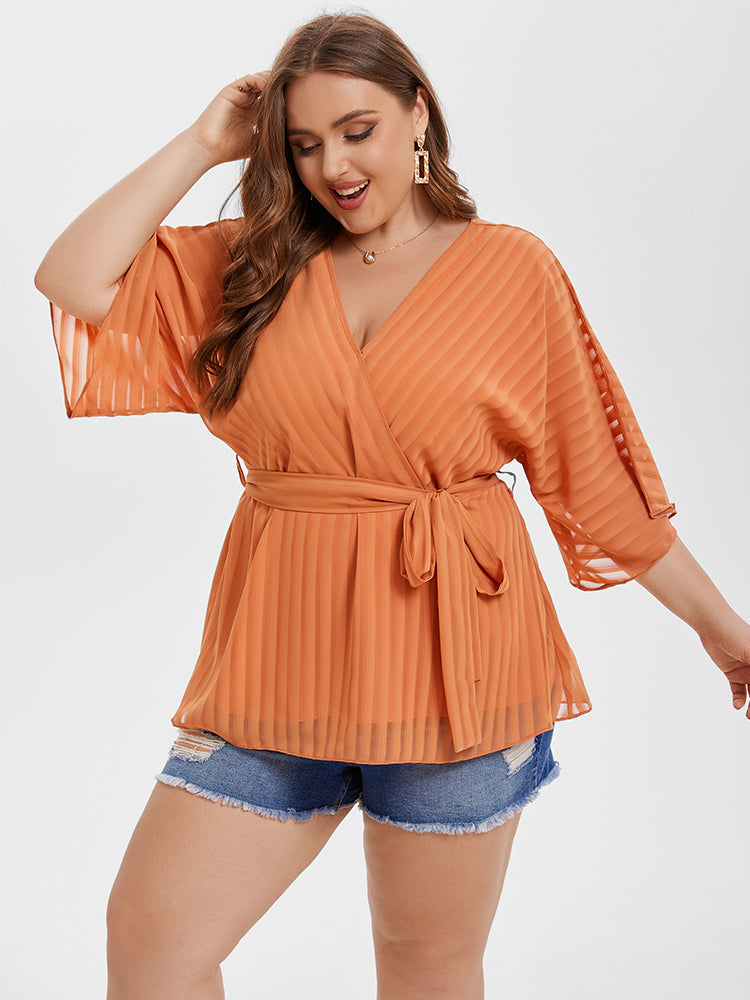 VIP Contrast Mesh V-Neck Batwing Sleeve Belted Blouse