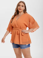 VIP Contrast Mesh V-Neck Batwing Sleeve Belted Blouse