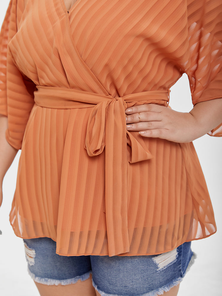 VIP Contrast Mesh V-Neck Batwing Sleeve Belted Blouse