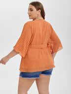 VIP Contrast Mesh V-Neck Batwing Sleeve Belted Blouse