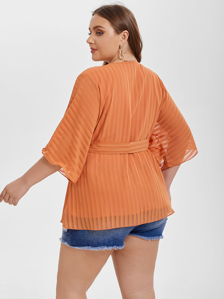 VIP Contrast Mesh V-Neck Batwing Sleeve Belted Blouse