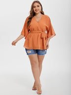 VIP Contrast Mesh V-Neck Batwing Sleeve Belted Blouse