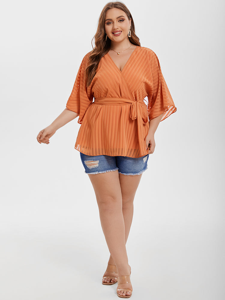 VIP Contrast Mesh V-Neck Batwing Sleeve Belted Blouse