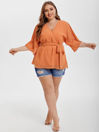 VIP Contrast Mesh V-Neck Batwing Sleeve Belted Blouse