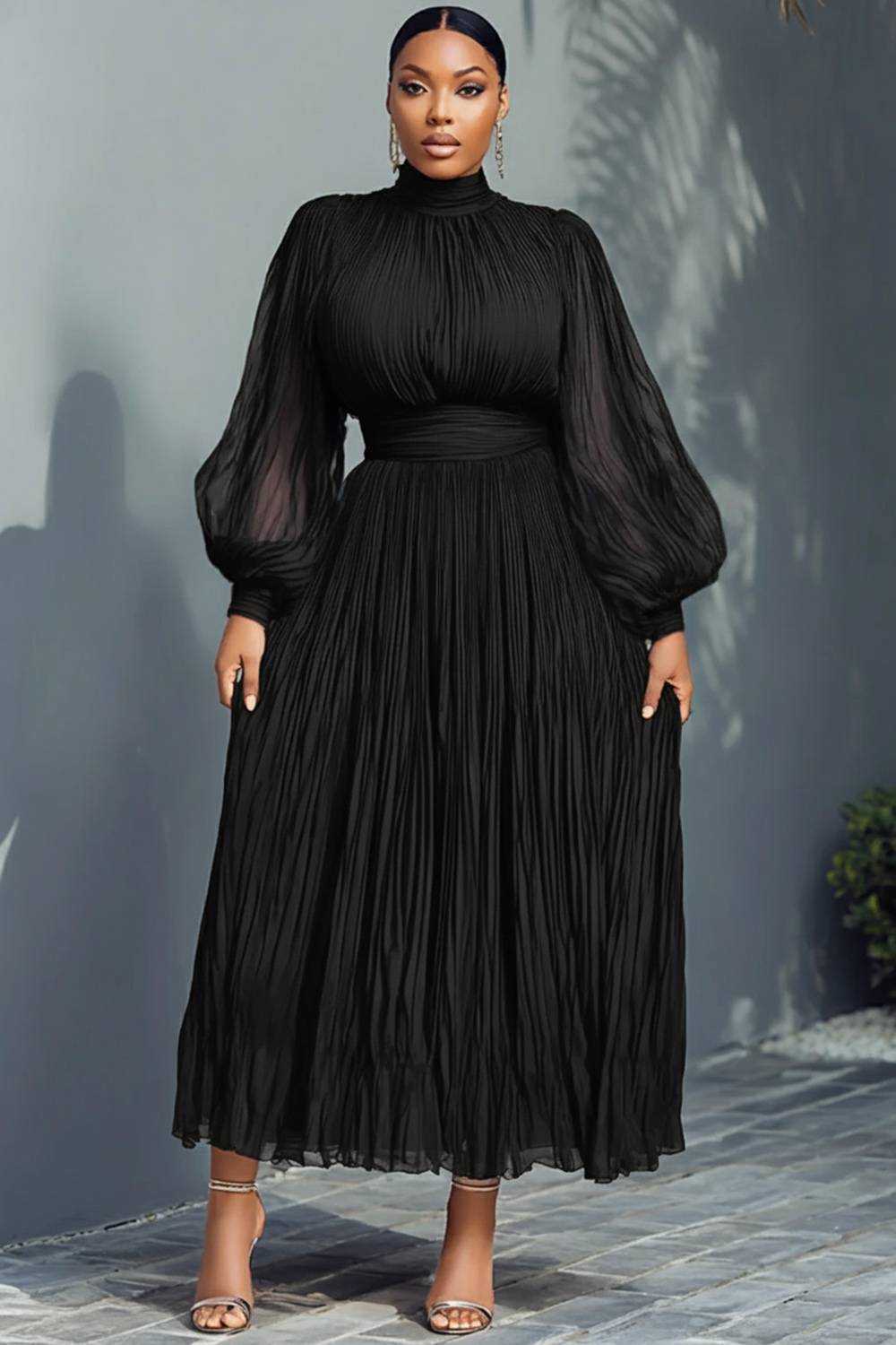 Xpluswear Design Plus Size Churchs Navy Blue Mock Neck Lantern Sleeve Long Sleeve See Through Elegant Ruffled Midi Dresses