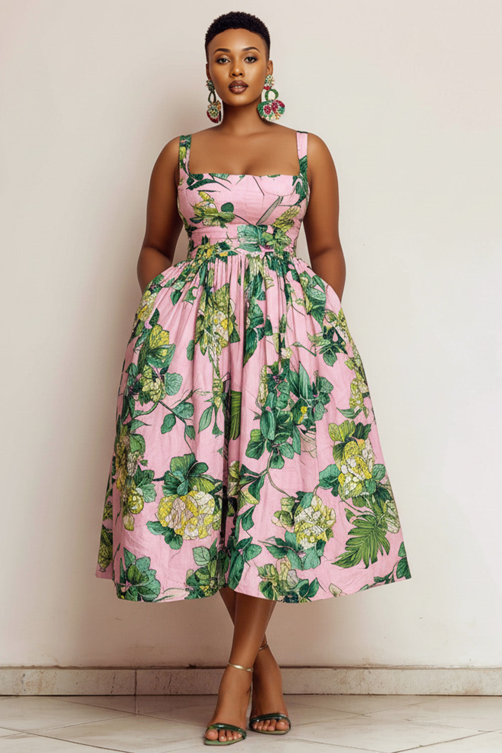 Xpluswear Design Plus Size Vacation Sundress Pink Floral Square Neck Pocket Satin Midi Dresses