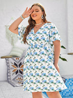 Plus Blue Tropical Print Crisscross Ruffle Sleeve Dress