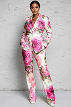 Xpluswear Design Plus Size Formal Yellow Floral Lapel Collar Long Sleeve Pocket Two Piece Pant Suits