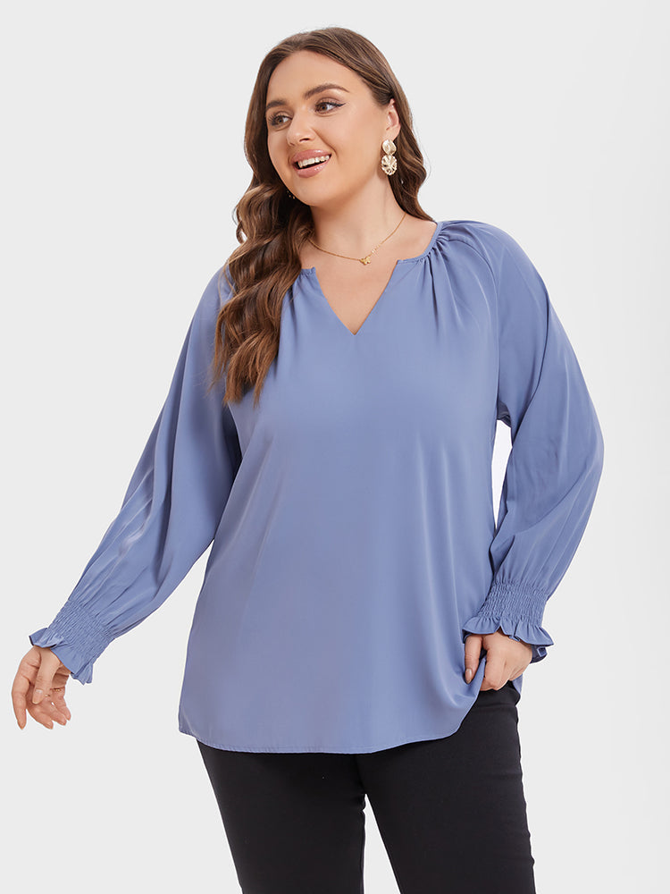 VIP V-Neck Flounce Sleeve Ruched Blouse