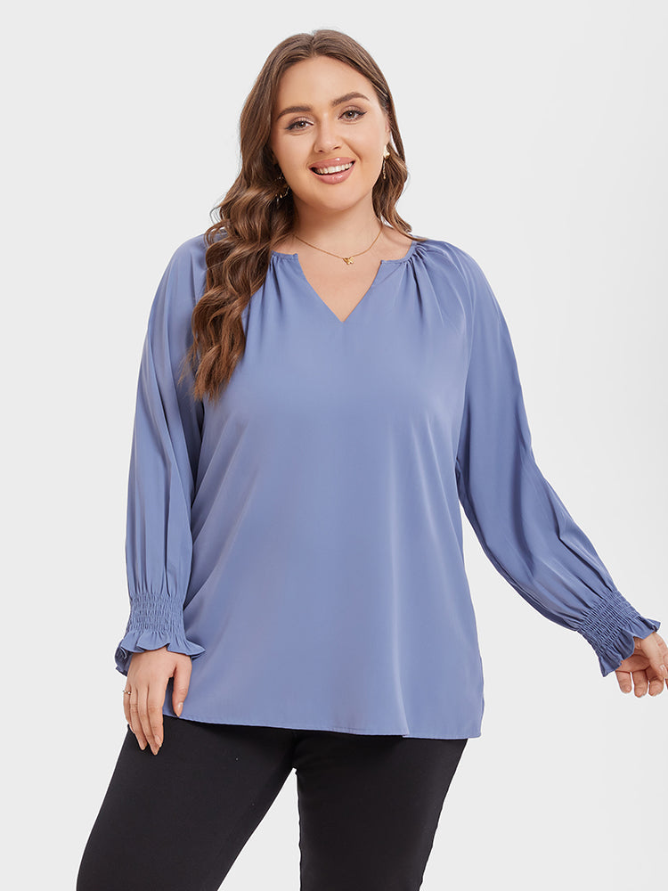 VIP V-Neck Flounce Sleeve Ruched Blouse