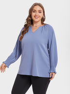 VIP V-Neck Flounce Sleeve Ruched Blouse