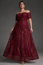 Curveins Plus Size Off-Shoulder Waist Cinched Striped Sequin Maxi Evening Dress