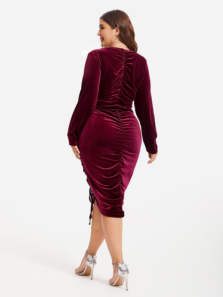 VIP Drawstring Ruched Velvet Midi Dress