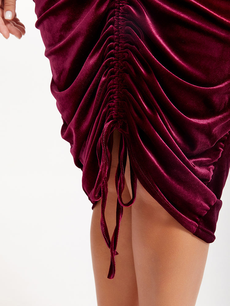 VIP Drawstring Ruched Velvet Midi Dress
