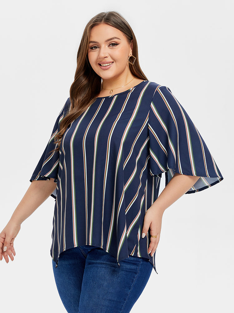 Striped Print Batwing Sleeve Asymmetrical Hem Blouse