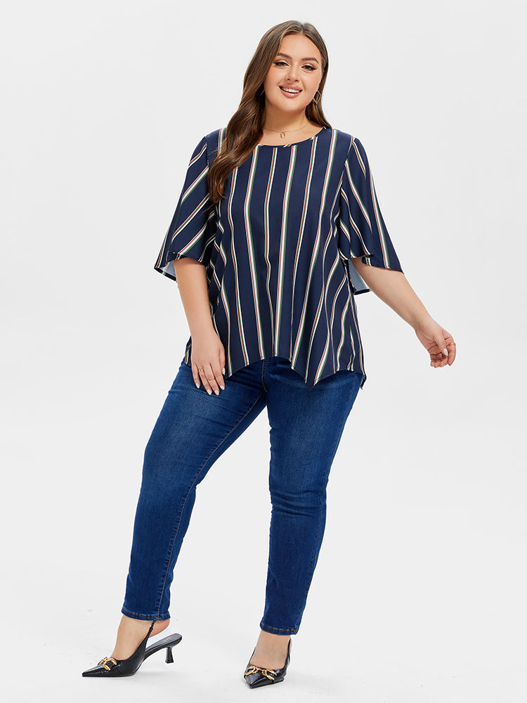 Striped Print Batwing Sleeve Asymmetrical Hem Blouse