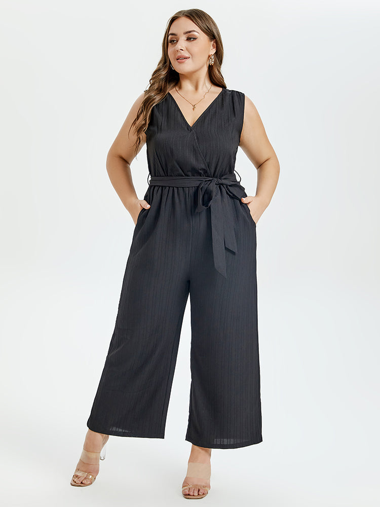 V-Neck Belted Wide Leg Tank Jumpsuit