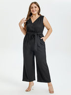 V-Neck Belted Wide Leg Tank Jumpsuit