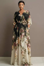 Xpluswear Design Plus Size Wedding Guest Black Floral Round Neck Flare 3/4 Sleeve Pocket 3D Chiffon Maxi Dresses