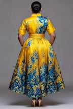 Xpluswear Design Plus Size Formal Yellow All Over Print Stand-Up Collar Short Sleeve Wrap Pocket Satin Midi Dresses