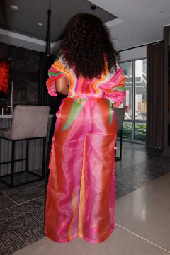 Plus Size Daily Hot Pink Gradient Round Neck Batwing Sleeve Half Sleeve Cargo Pleated Two Piece Pant Sets