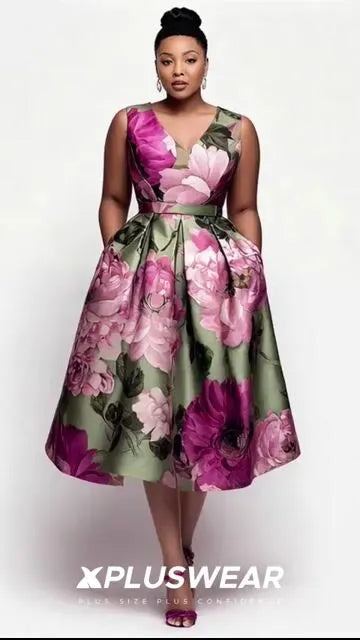 Xpluswear Design Plus Size Cocktail Party Multicolor Floral V Neck Pocket Satin Midi Dresses
