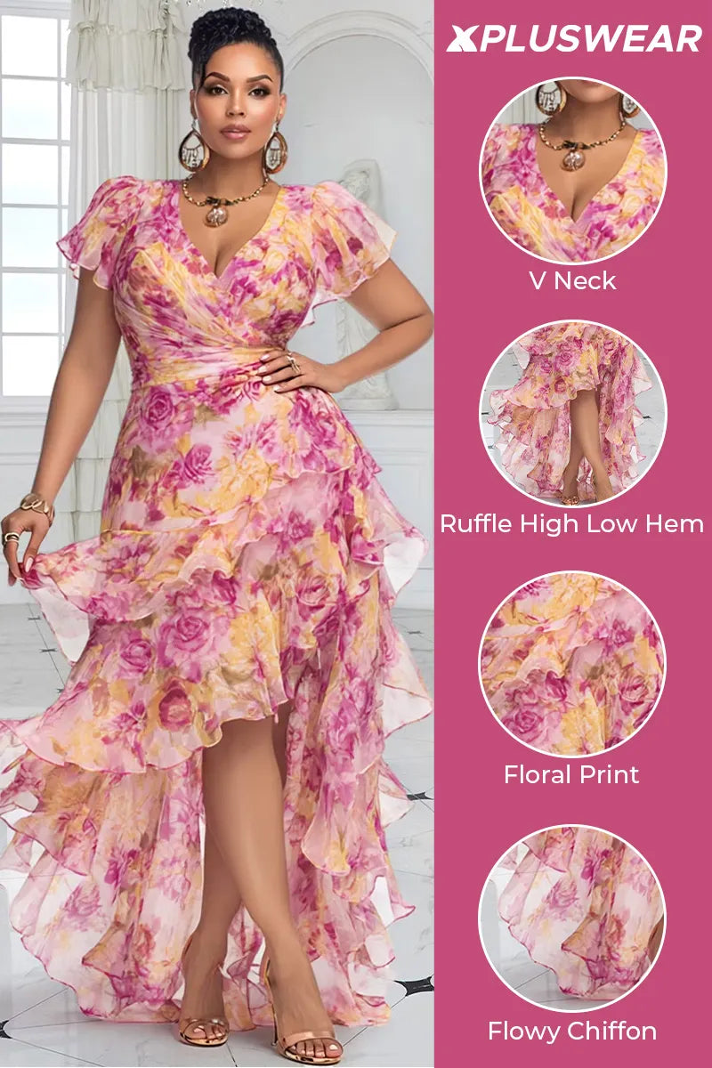 Xpluswear Design Plus Size Wedding Guest Pink Floral V Neck Short Sleeve Ruffle High Low Hem Chiffon Midi Dresses