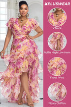 Xpluswear Design Plus Size Wedding Guest Pink Floral V Neck Short Sleeve Ruffle High Low Hem Chiffon Midi Dresses