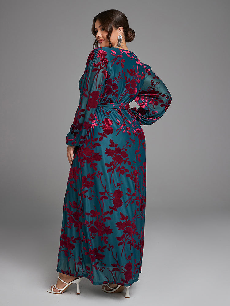 VIP Floral Print Wrap Belted Velvet Dress with Pockets