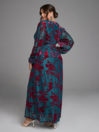 VIP Floral Print Wrap Belted Velvet Dress with Pockets