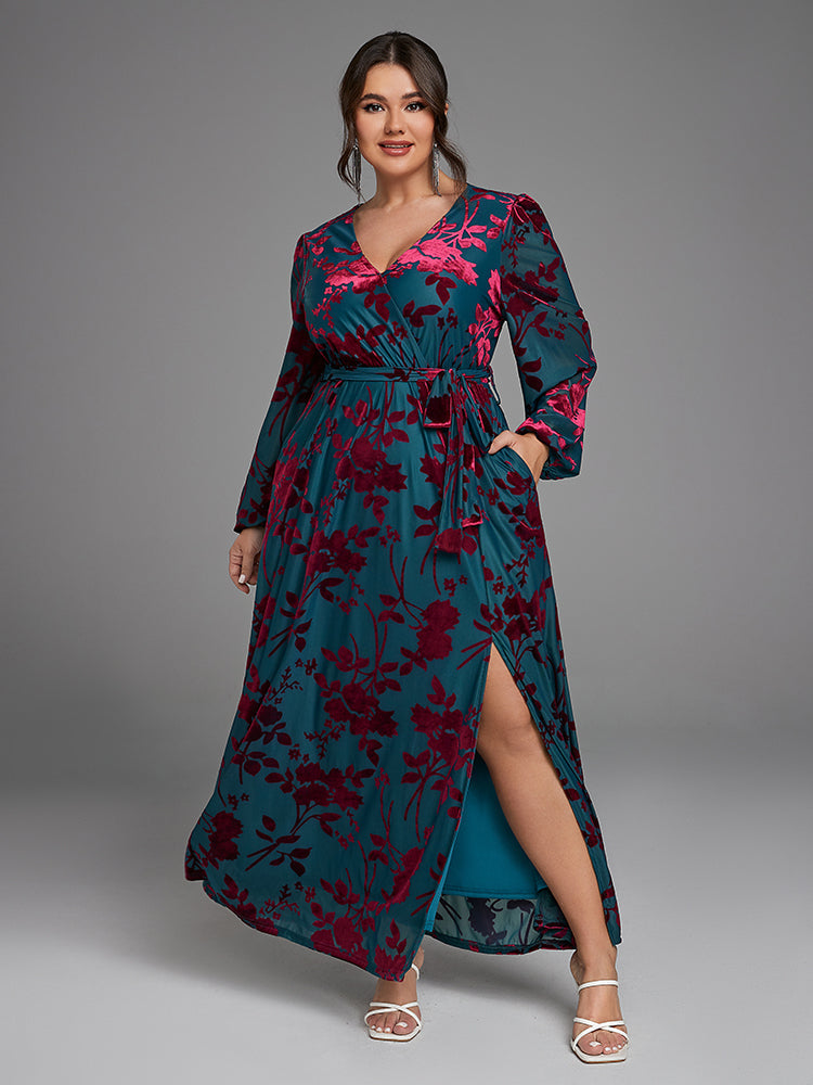 VIP Floral Print Wrap Belted Velvet Dress with Pockets