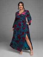 VIP Floral Print Wrap Belted Velvet Dress with Pockets