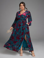 VIP Floral Print Wrap Belted Velvet Dress with Pockets