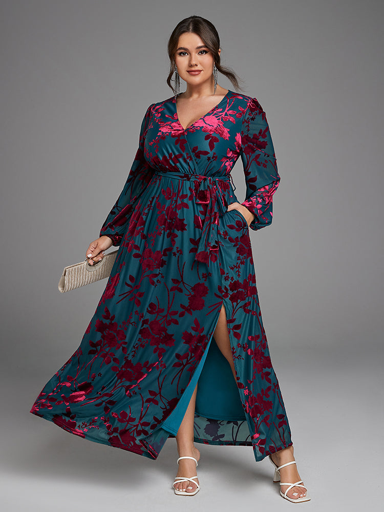 VIP Floral Print Wrap Belted Velvet Dress with Pockets