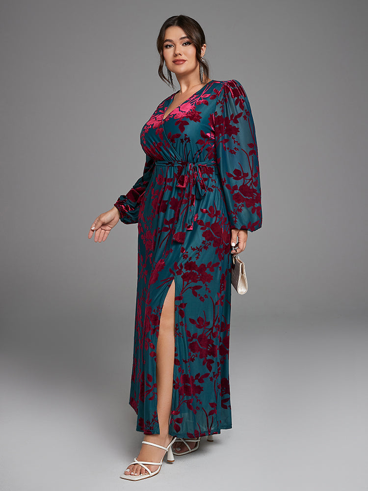 VIP Floral Print Wrap Belted Velvet Dress with Pockets