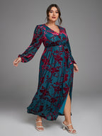 VIP Floral Print Wrap Belted Velvet Dress with Pockets