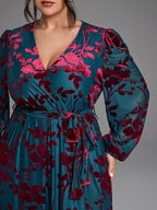 VIP Floral Print Wrap Belted Velvet Dress with Pockets
