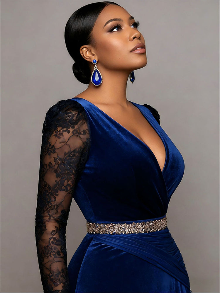 V-Neck Velvet Lace Split Dress