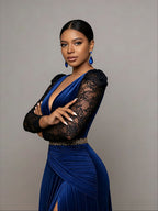 V-Neck Velvet Lace Split Dress