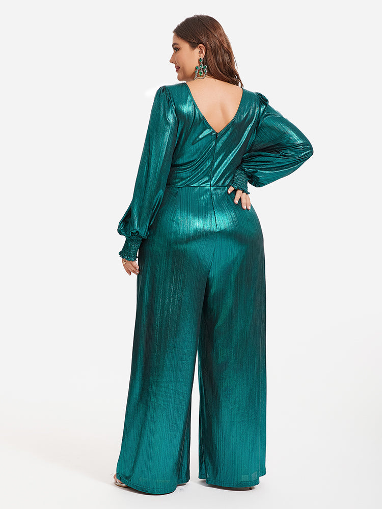 Lantern Sleeve Knot Front  Metallic Wide Leg Jumpsuit